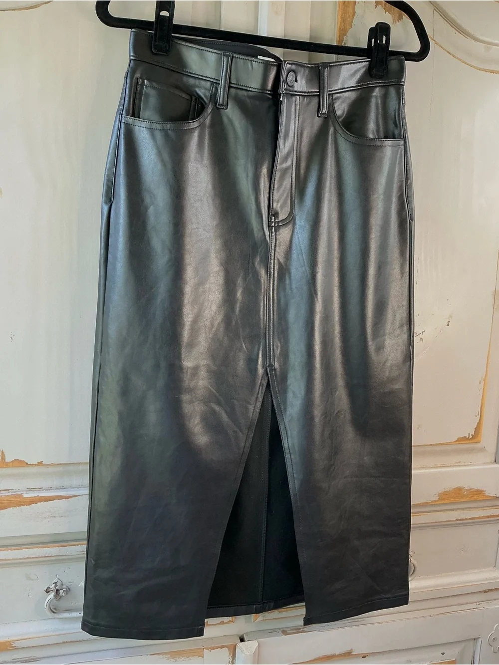 Abercrombie & Fitch | Black Faux Leather Midi Skirt with Front Slit Size 28
